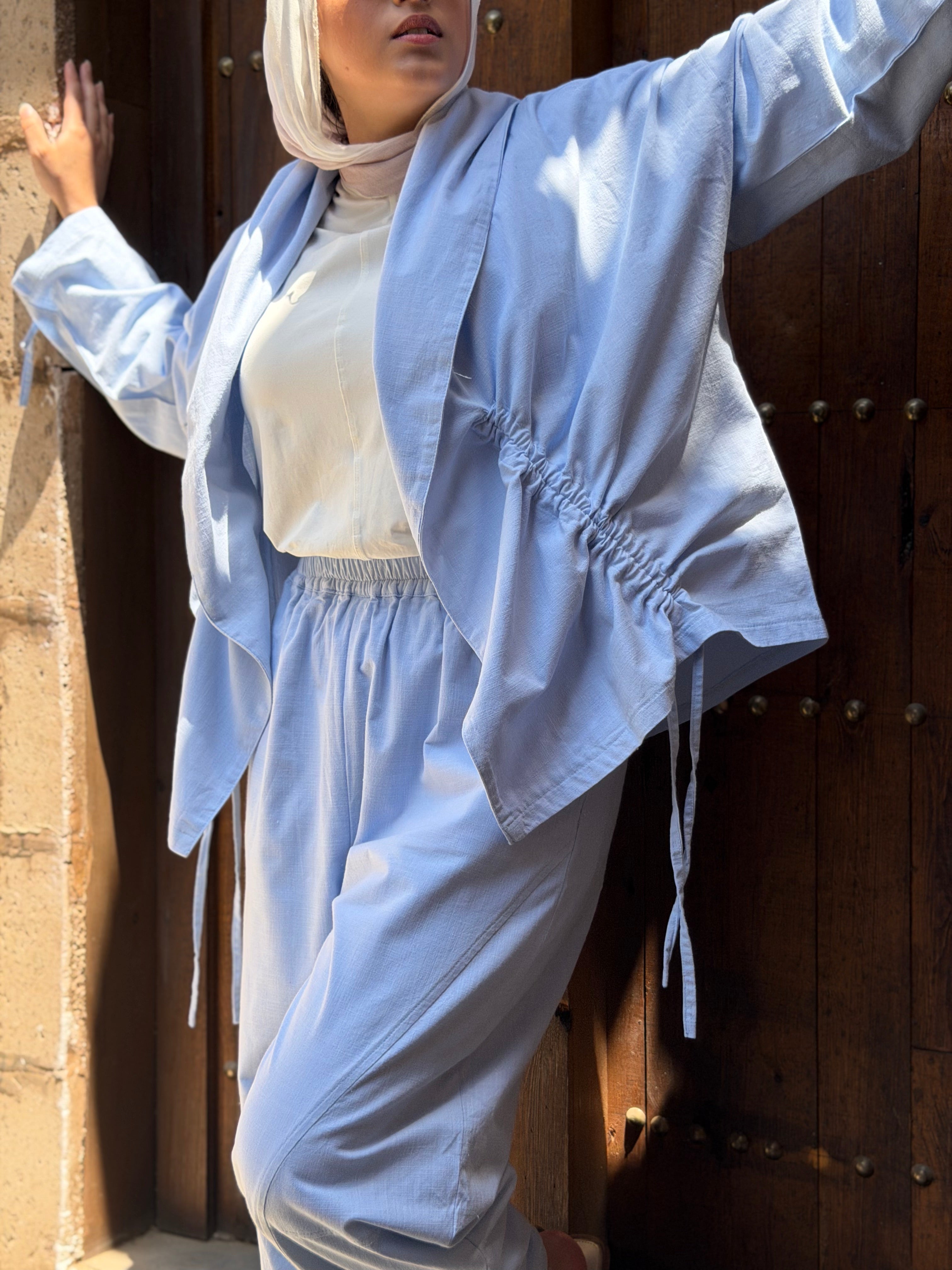 Sky blue linen co-ord set - kimono top and wide-leg trousers