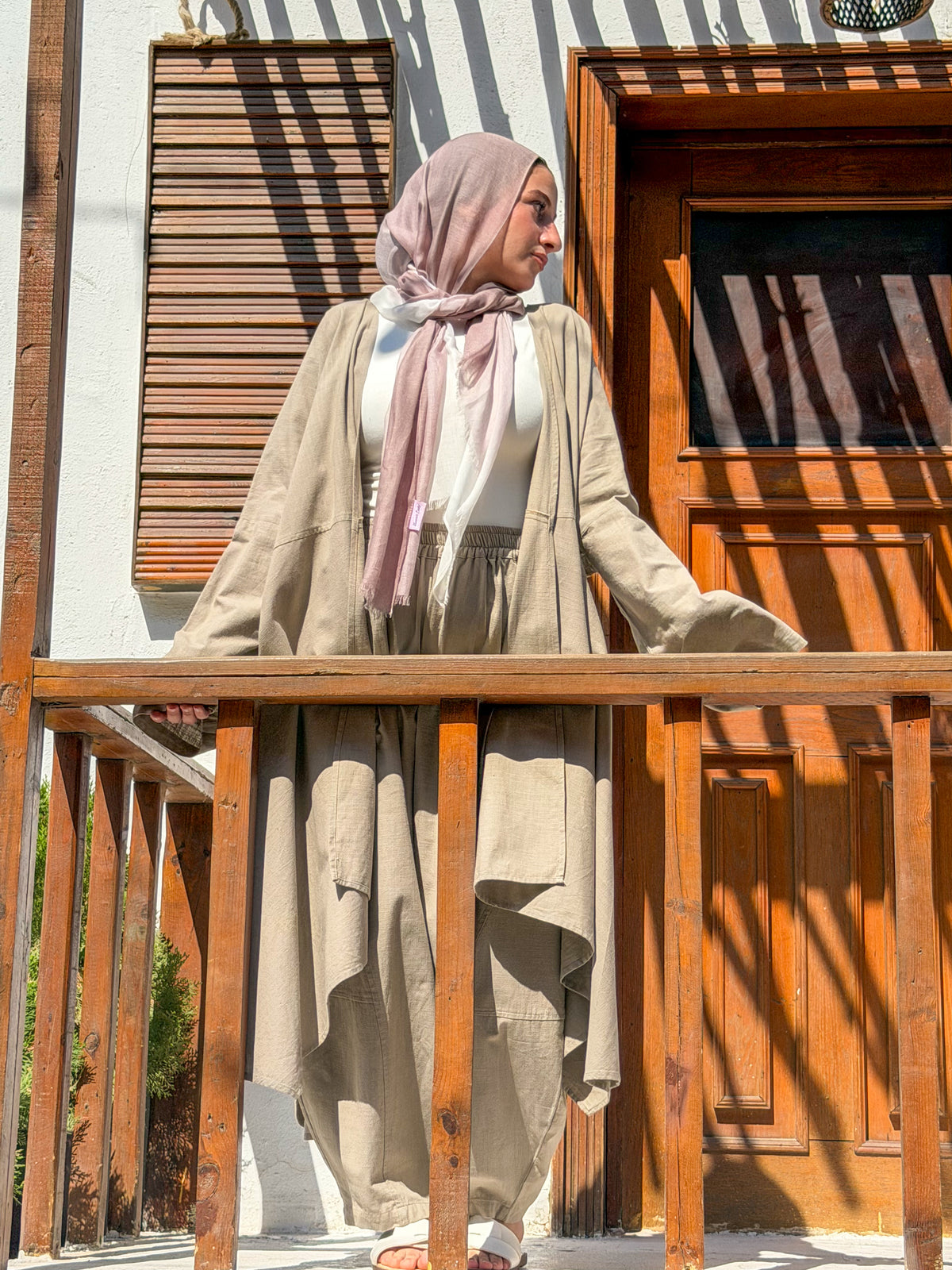 Olive khaki Linen Long Cardigan