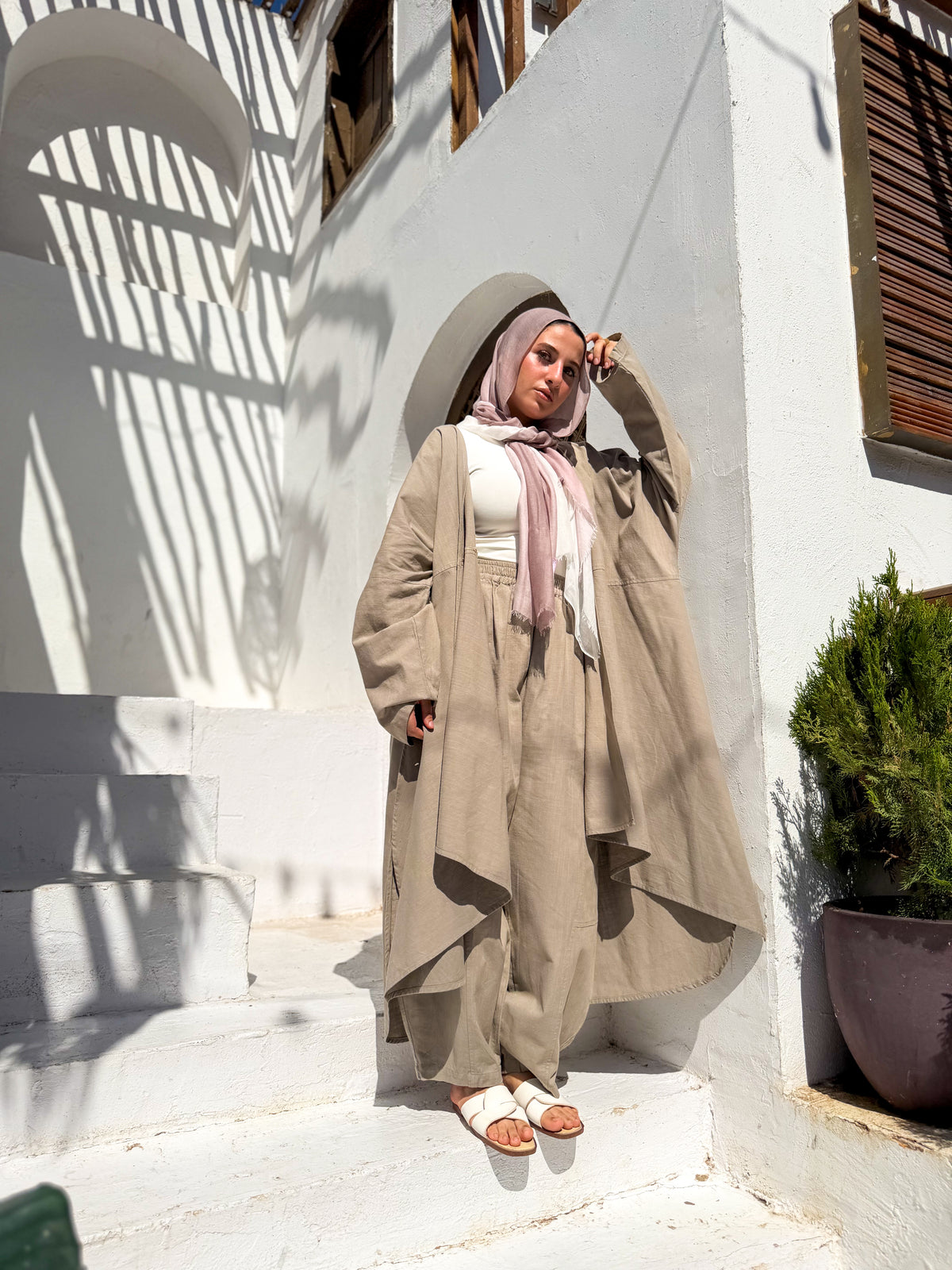 Olive khaki Linen Long Cardigan