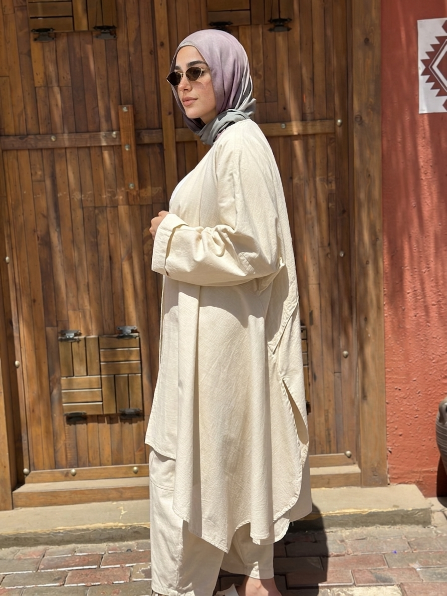 Beige Linen Long Cardigan